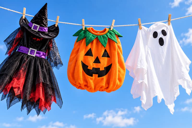Halloween costumes hanging on a clothesline to dry