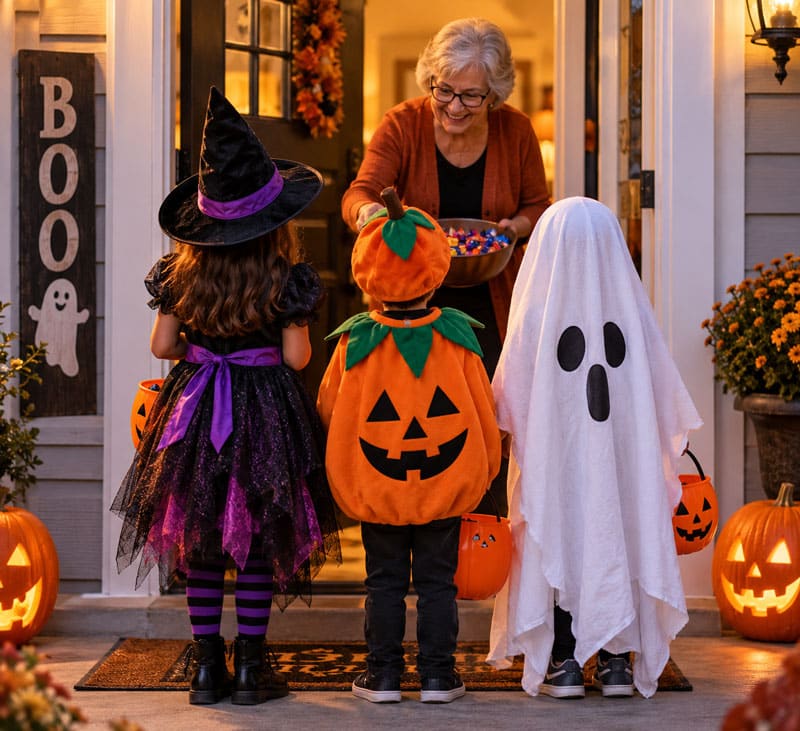 kids in Halloween costumes getting candy
