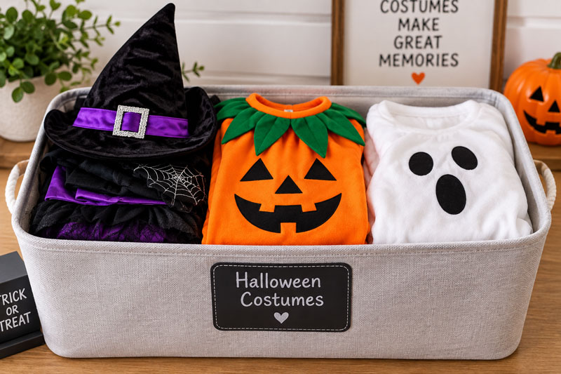 Halloween costumes neatly folded for storage